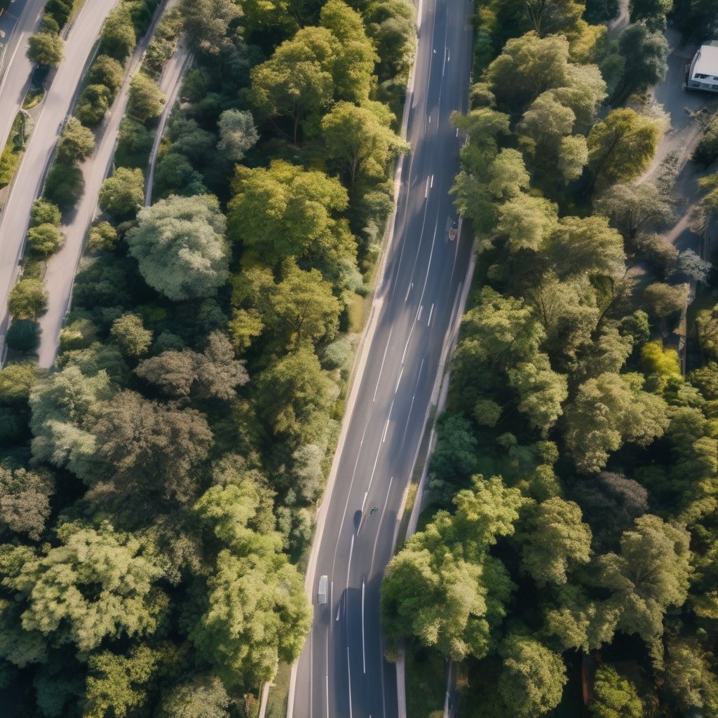 Route vue du ciel entourée d'arbres